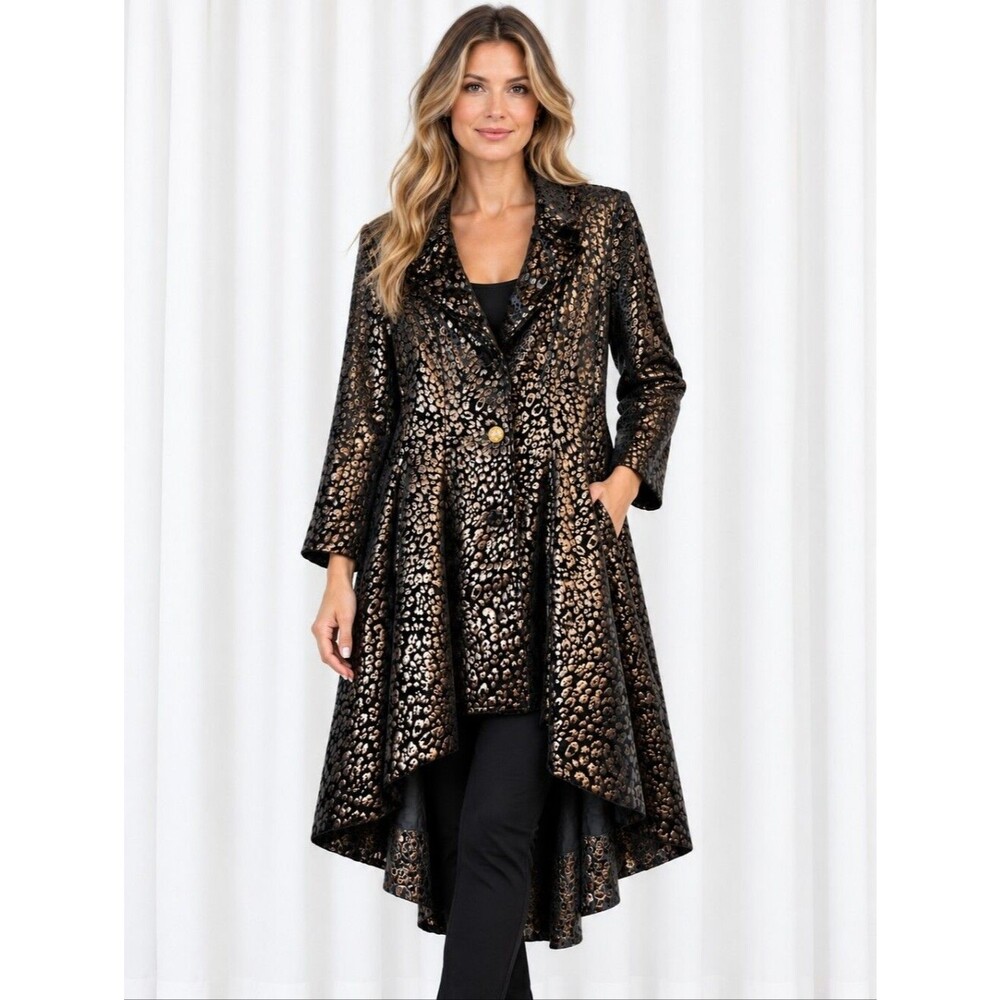 The Pyramid Collection Vintage Black Gold Leopard Velvet High Low Frock Jacket